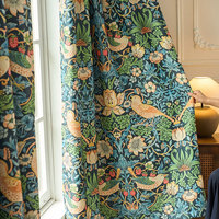 Rideaux occultants plissés William Morris Strawberry Thief motif Oiseaux Bleu Marine pour Chambre à Coucher, Vente en Gros au Mètre