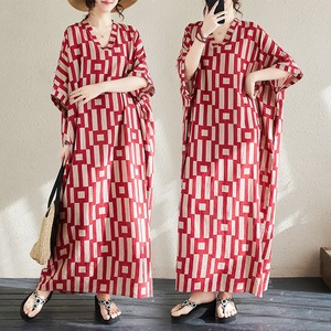 Nouvelle Robe Longue d'Été 2026 en Coton et Lin à Imprimé Géométrique, Style <span class=keywords><strong>Chic</strong></span> Français, Col en V, Coupe Ample et Oversize, Kaftan Rouge Imposant - Product Image 4