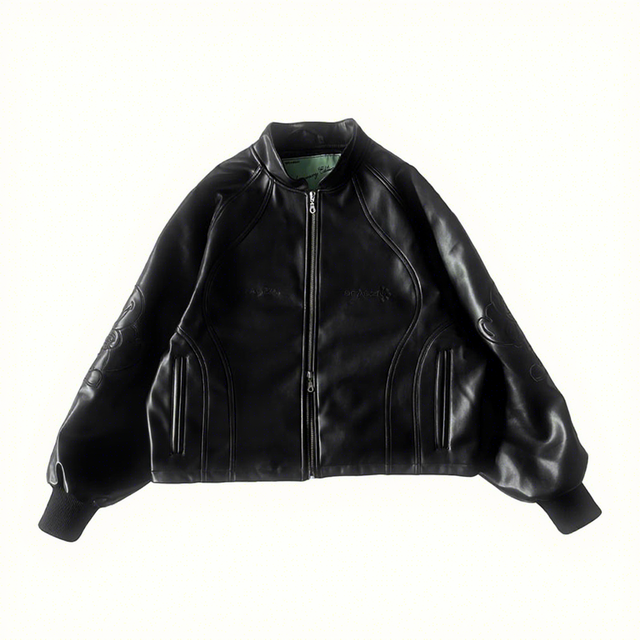 Vintage Custom Embossed Logo Thin Windproof Letterman Oversized Unisex Motorcycle Racing Black Pu Leather Varsity Bomber Jacket