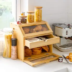 Hot Sale Kitchen Counter Extra Large 2 Layer Bamboo Bread Storage Box With Pull-out Drawer