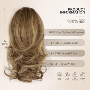 Extension de queue de cheval synthétique ondulée de 14 pouces avec pince à griffes, extensions de cheveux à clipser pour femmes (marron clair avec reflets beiges) - Product Image 2