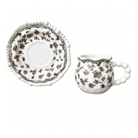 Ensemble tasse et soucoupe en porcelaine céramique européenne à motif floral vintage, avec poignée perlée, réutilisable pour café/thé, décoration intérieure, cadeau d'affaires