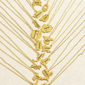 Collier chaîne en acier inoxydable avec pendentif carte du monde personnalisé, or, argent, or rose, pour hommes et femmes, vente en gros de mode - Product Image 1