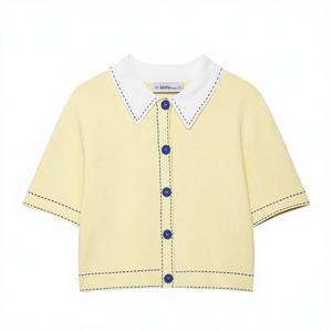 PB&ZA <b>Women</b> 2025 New Fashion Woven <b>Cardigan</b> Single Breasted Autumn Vintage <b>Short</b> <b>Sleeve</b> Outerwear Sweater Stitching Chic Tops - Product Image 4