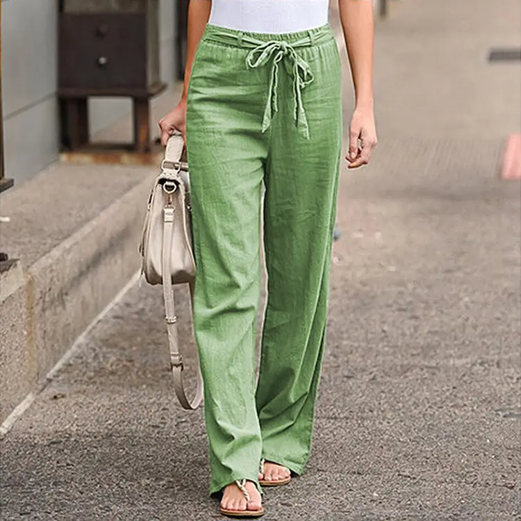 Hotsale kadın geniş bacak pantolon yüksek bel pamuk keten Streetwear moda pantolon bayan düz renk dantel-up gevşek pantolon
