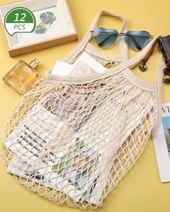 12 Pcs Reusable Mesh Grocery <b>Bags</b>, Washable Cotton Produce <b>Bags</b> with Handle, Portable <b>String</b> Net Shopping Tote in Beige - Product Image 2