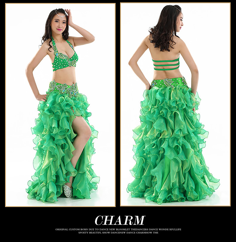 SHE DANCES Dark Green Rhinestone Belly Dance Costume Set for Professional  Dancers - Skirt, Bra & Belt Performance Wear