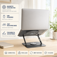 Dudukan Laptop dengan Kipas Pendingin Magnetik Bertenaga USB Baja 2.0mm 360 °   Alas Putar Lipat untuk Meja Kantor Grosir