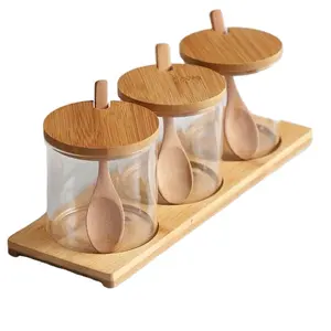 Банки с бамбуковыми крышками и ложками, набор для приправ с бамбуковым лотком контейнеры для специй для сахарной соли, перца, стеклянный ящик для хранения