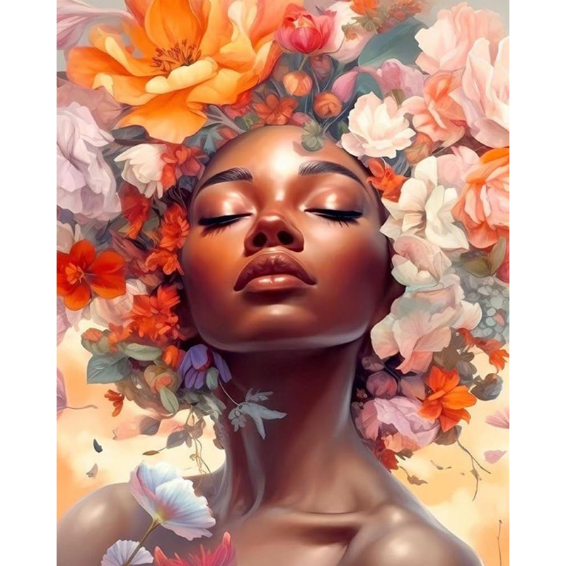 Femme africaine avec tête de fleur-couleur multiple