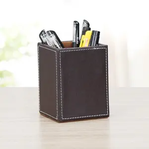 Porte-stylo Cube en cuir, porte-crayon carré, boîte à crayons en bois, boîte de rangement de papeterie de bureau et organisateur de bureau