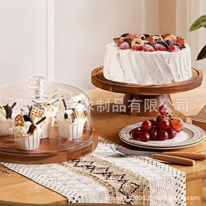 Plateau de présentation de gâteau en bois d'acacia avec couvercle, style simple rond, plateau de service pour dessert d'anniversaire, vaisselle de fête réutilisable - Product Image 1