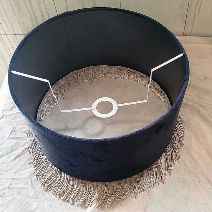 Modern Luxury Fringe Velvet Lampshade Factory Customized Blue Drum Lampshade for Home Decor Fabric Material