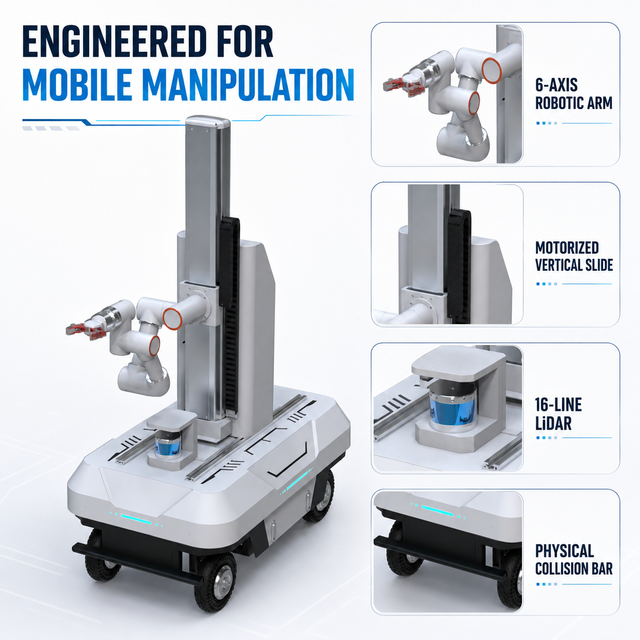 120kg Heavy-Duty Zero-Turning-Radius Mobile Robot 16-Line LiDAR ±8cm 6-DOF Arm Composite Robot Customizable AGV Chassis