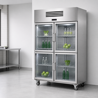 Réfrigérateur commercial vertical 4 portes 1100L, porte vitrée, acier inoxydable, refroidissement rapide, faible bruit, pour restaurant, bar