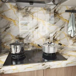 Carta da Parati Effetto <span class=keywords><strong>Marmo</strong></span> Autoadesiva, Pellicola Decorativa Oro per Piastrelle in Ceramica, Adesivo Murale per Rinnovamento Mobili - Product Image 2