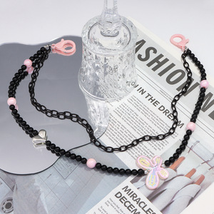 Cadena de cintura Yueli de doble capa con cuentas de mariposa, de resina acrílica y lucita, estilo casual hip hop para mujer, en rosa y negro, a la moda. - Product Image 1