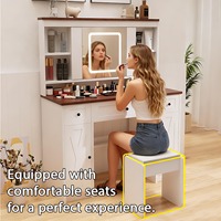 Miroir de coiffeuse moderne en bois avec éclairage LED réglable, 5 tiroirs, prise intégrée, tabouret confortable, miroir coulissant pour le maquillage