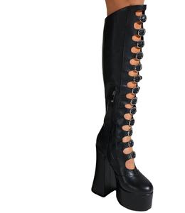 Stivali Estivi al Ginocchio con Cut-Out, Fibbie, Plateau e Tacco Grosso, Scarpe con Cerniera Laterale, Stivaletti Lunghi <span class=keywords><strong>Viola</strong></span>, Altezza 15cm - Product Image 6