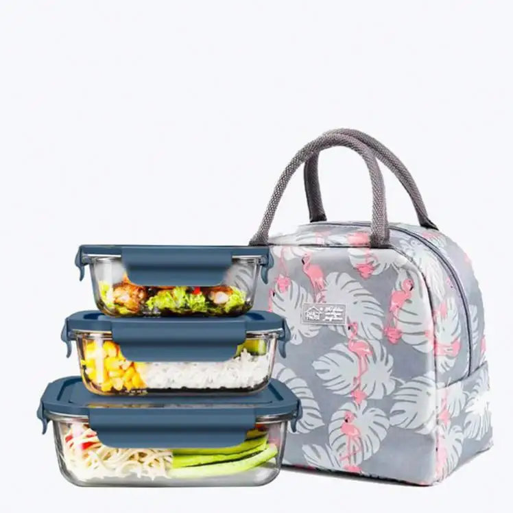 Bolsa de almoço feminina eco-amigável, bolsa retangular de silicone de vidro para preparação de refeições, recipiente de caixa de comida