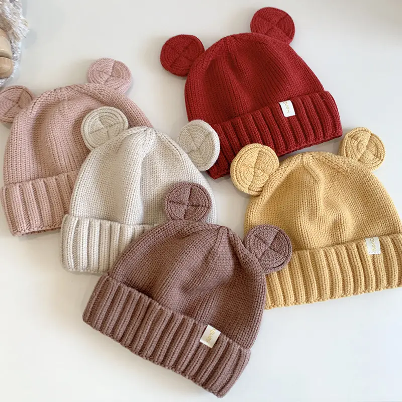 Gorro informal de oso bonito de algodón tejido para niños, gorro de punto para bebés, gorros de punto de invierno para niñas