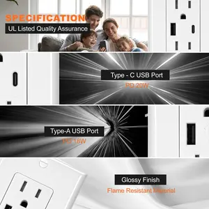 米国標準デュプレックスレセプタクル改ざん防止壁電源コンセント5.0A Type-A C USBコンセント (USBソケット付き)