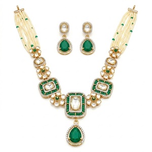 925 <b>Silver</b> Pendant Set for Women Traditional Indian Jewelry Green White Beads Kundan Work Necklace Earring Set - Product Image 1