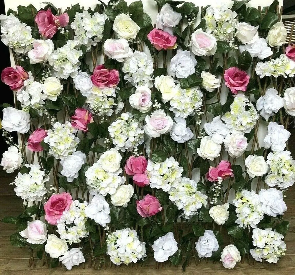 ดอกกุหลาบสีขาวประดิษฐ์ดอกไม้ผนังแผงโอกาสตกแต่งฉากหลังงานแต่งงาน