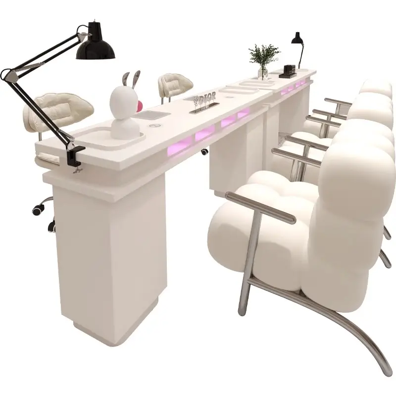 Juego de mesa y sillas de manicura de madera doble para salón de belleza de diseño moderno, mesa de uñas de lujo con colector de polvo