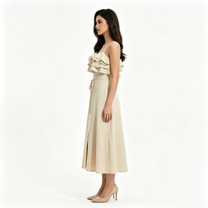 Elegante Abito Midi Beige con Spalline Sottili, Volant, Cintura Annodabile e Spacco Frontale per Donna, Ideale per Feste Estive e Cocktail - Product Image 2