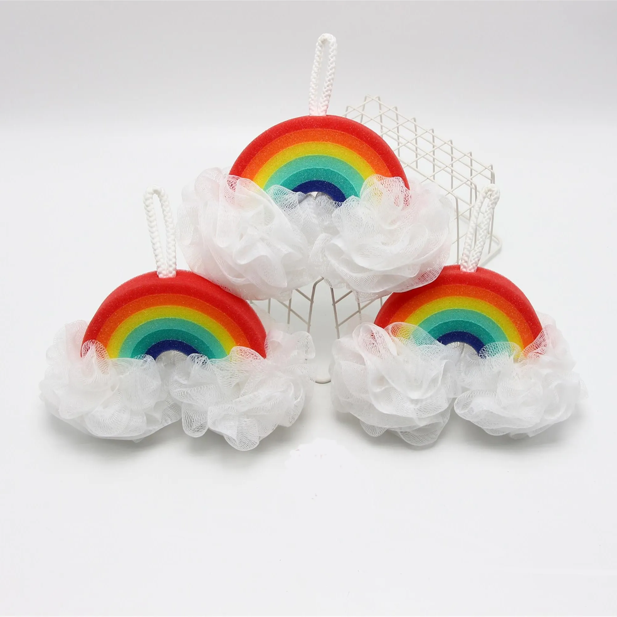 Qualidade perfeita colorido arco-íris banho esponja malha banho escova para crianças banho atacadista bola