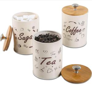 Kitchen Food Storage Metal Canister Airtight Container Jars with Bamboo Lids Set of 3 Creamy-yellow Rustic Canisters Sets