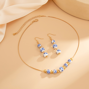 Set di Collane in Stile Retrò Cinese con Perline, Moda Europea e Americana, Catena in Metallo con Ceramica Geometrica Blu e Bianca - Product Image 2