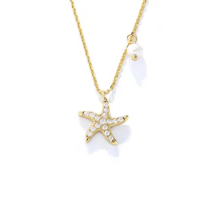 时尚珠宝925纯银14k镀金锆石海星珍珠吊坠项链