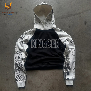 Sweat-shirt à capuche en coton patchwork streetwear personnalisé pour homme, manches oversize, imprimé crâne, pull-over, OEM ODM, vente en gros - Product Image 1