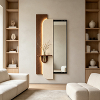 Art mural LED en grès, miroir coulissant caché pleine longueur, étagère à vase, design incurvé Japandi