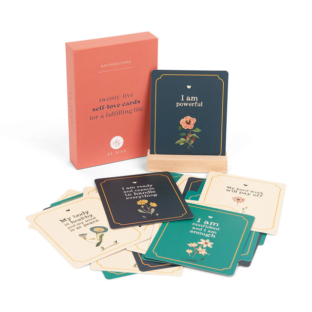 Round Corner Peaceful Mama Self Love Mindful Daily Affirmation Cards with Wooden Card Holder in a Ribbon Pull Box for Women
