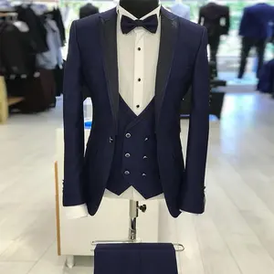 Conjunto de trajes de boda para hombre, traje de moda personalizado, azul marino, buena calidad, corte ajustado, 3 piezas, 2020