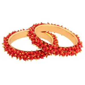 Trang Sức Thời Trang Bollywood Ấn Độ Màu Đỏ Ngọc Trai Giả Mạ Vàng 14 K (2 Miếng) Vòng Tay Dành Cho Nữ