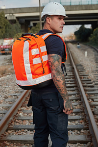 Durable <b>Orange</b> <b>Hi</b> <b>Vis</b> Backpack Heavy Duty Safety and Motorcycle Backpack Bag for Outdoor Road Work with Reflective Straps - Product Image 4