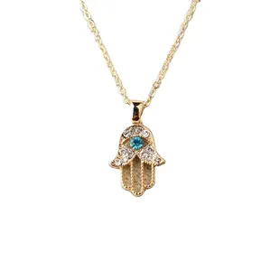 Turkish Crystal Eye Hand Hamsa Pendant Necklace Women Color Jewelry Hollow Out Clavicle Link Chains