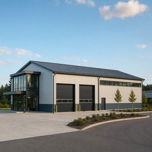 Atelier préfabriqué en structure métallique avec bureau, façade vitrée à deux étages, garage, espace de travail commercial - Product Image 1
