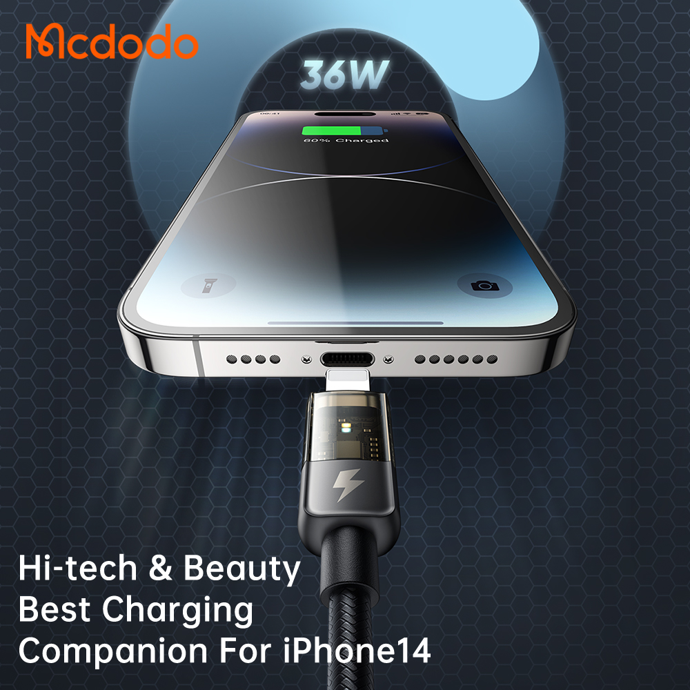 Оптовая продажа, кабель USB C для освещения PD 36 Вт, быстрая зарядка, автоматическое отключение, прозрачный корпус, USB C, кабель Lighting для iPhone 14 13 Pro