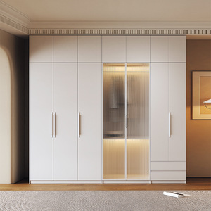 Armario Minimalista Moderno de Madera Maciza Color Crema con Puerta de Vidrio e Iluminación para Dormitorio - Product Image 1