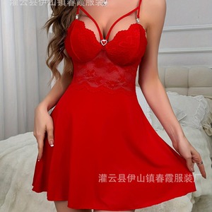 Nuevo camisón de encaje sexy para el hogar, moderno y cómodo, vestido rojo con <span class=keywords><strong>tirantes</strong></span>, <span class=keywords><strong>pijama</strong></span> de fabricante - Product Image 2