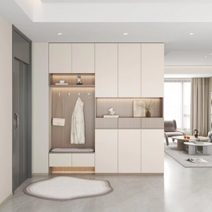 <span class=keywords><strong>Meuble</strong></span> à chaussures moderne avec banc pour entrée, étagères ouvertes LED, sans poignées, coussin beige, bois - Product Image 1