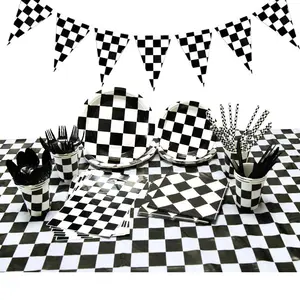 흑백 체크 무늬 경주 용 자동차 테마 생일 파티 종이 디너 플레이트 및 점심 냅킨 및 식탁보 어린이 파티