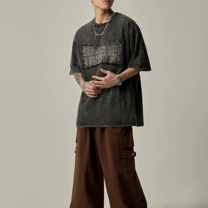 Camiseta Casual de Manga Corta para Hombre con Logotipo Personalizado, 100% Algodón, Estampado Desgastado por el Sol, Estilo Oversize, Lavado Ácido, Tejido de Punto con Parches - Product Image 3