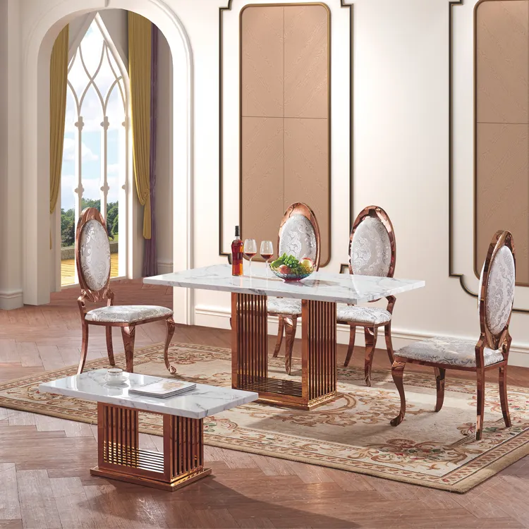 Meja Perabotan Ruang Makan, Mawar Emas Krom Dasar Baja Tahan Karat dan Marmer Atas