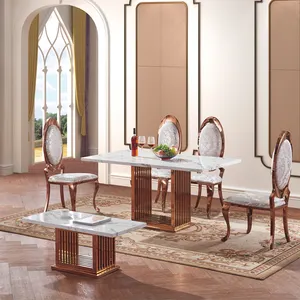 Tavolo da pranzo con base in acciaio inossidabile cromato oro rosa e piano in marmo